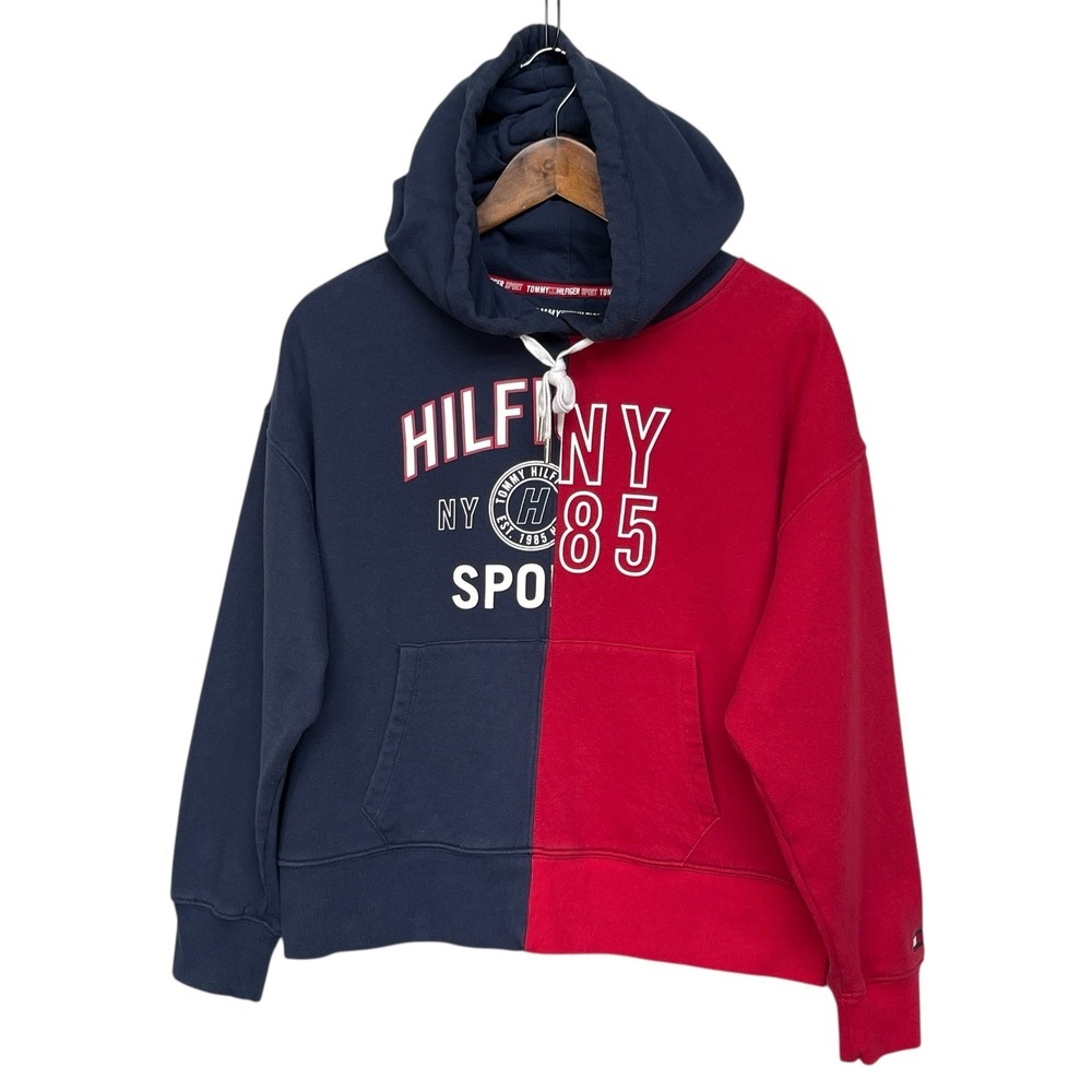 Tommy Hilfiger Sport Womens Colorblock Hoodie Navy Red Graphic Sweatshirt L